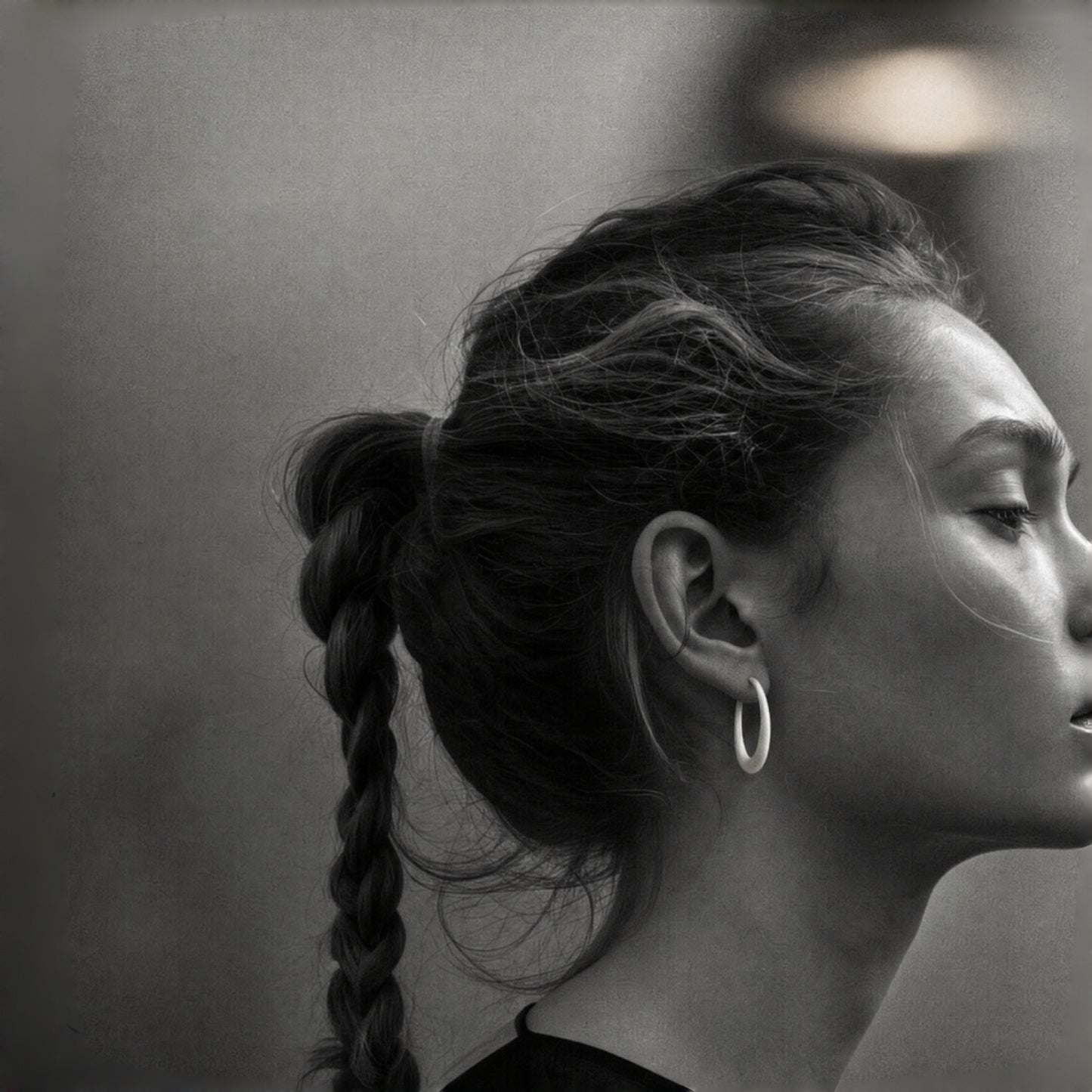 Model wearing Quiet Loop sterling silver earrings