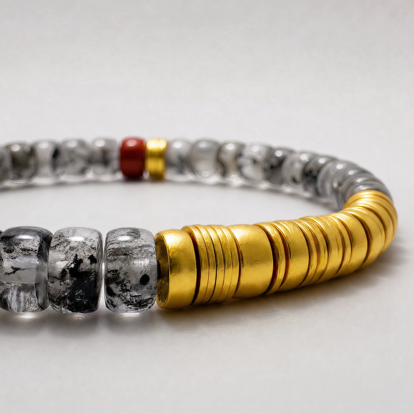 Close-up of Crest 01 Herkimer quartz beads and gold-finished sterling silver details