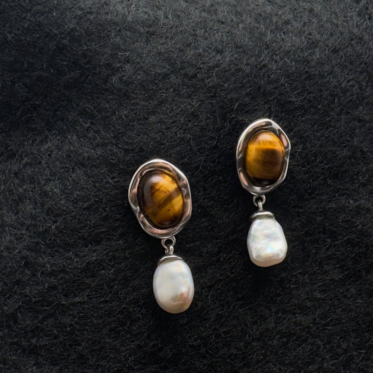 Tea Veil tiger eye and freshwater pearl drop earrings in sterling silver