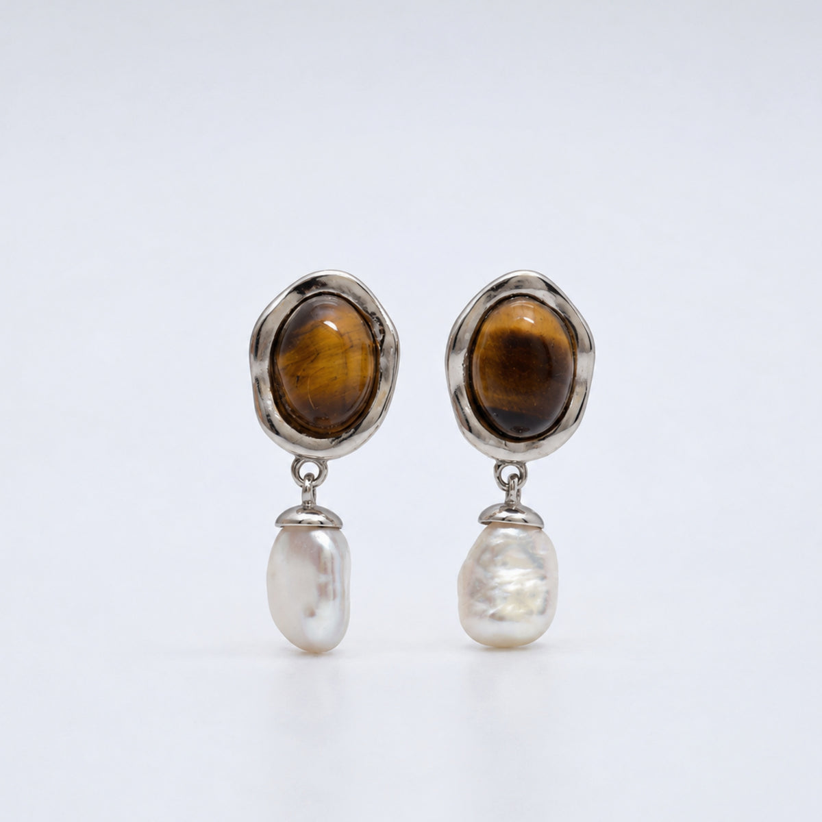 Tea Veil tiger eye and freshwater pearl earrings in sterling silver