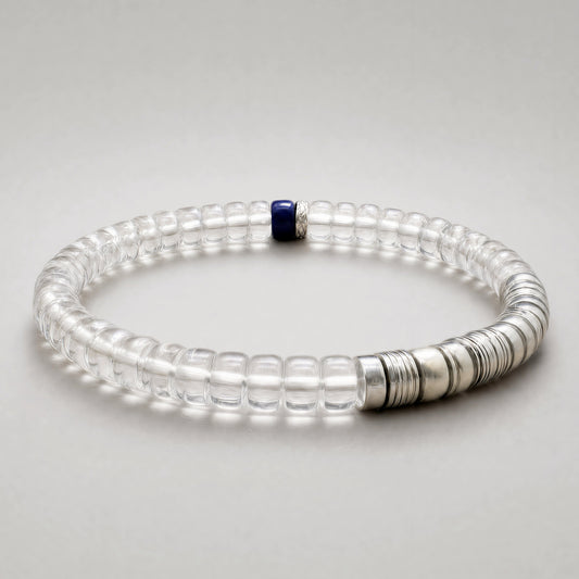 Tide 01 clear quartz and lapis lazuli bracelet with sterling silver details